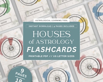 Könnte beinhalten: Ein Satz von 18 druckbaren Lernkarten zum Erlernen der Häuser der Astrologie. Die Karten sind mit einem Aquarellhintergrund gestaltet und zeigen ein kreisförmiges Diagramm mit Zahlen, die die Häuser repräsentieren. Der Text "HOUSES of ASTROLOGY FLASHCARDS" wird oben im Bild in großer Schrift angezeigt.