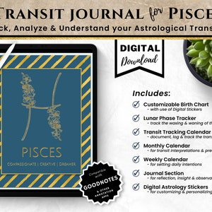 Könnte beinhalten: Digitaler Download eines druckbaren Transit-Journals für Fische. Das Cover zeigt ein goldenes Fische-Symbol auf blauem Hintergrund mit goldenen Streifen. Das Journal enthält ein anpassbares Geburtshoroskop, einen Mondphasen-Tracker, einen Transit-Tracking-Kalender, einen Monatskalender, einen Wochenkalender, einen Journal-Bereich und digitale Astrologie-Sticker.