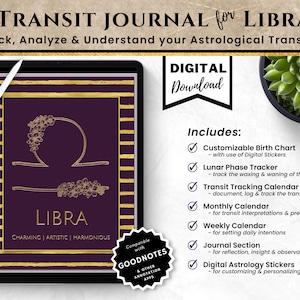 Könnte beinhalten: Digitaler Download eines druckbaren Transit-Journals für das Sternzeichen Waage. Das Cover zeigt ein goldenes Waage-Symbol mit floralen Akzenten auf einem violetten Hintergrund. Das Journal beinhaltet ein anpassbares Geburtshoroskop, einen Mondphasen-Tracker, einen Transit-Tracking-Kalender, Monats- und Wochenkalender, einen Journal-Bereich und digitale Astrologie-Sticker.