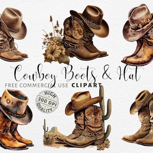 Bottes de cow-boy et chapeau Clipart PNG Cowgirl bottes Clip Art utilisation commerciale Western bottes Scrapbook aquarelle Sublimation Design Junk Journal