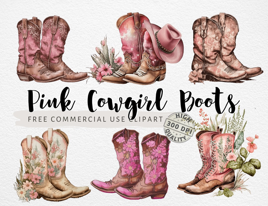 Pink Cowgirl Boots Clipart Vintage Bundle PNG Commercial Use Digital