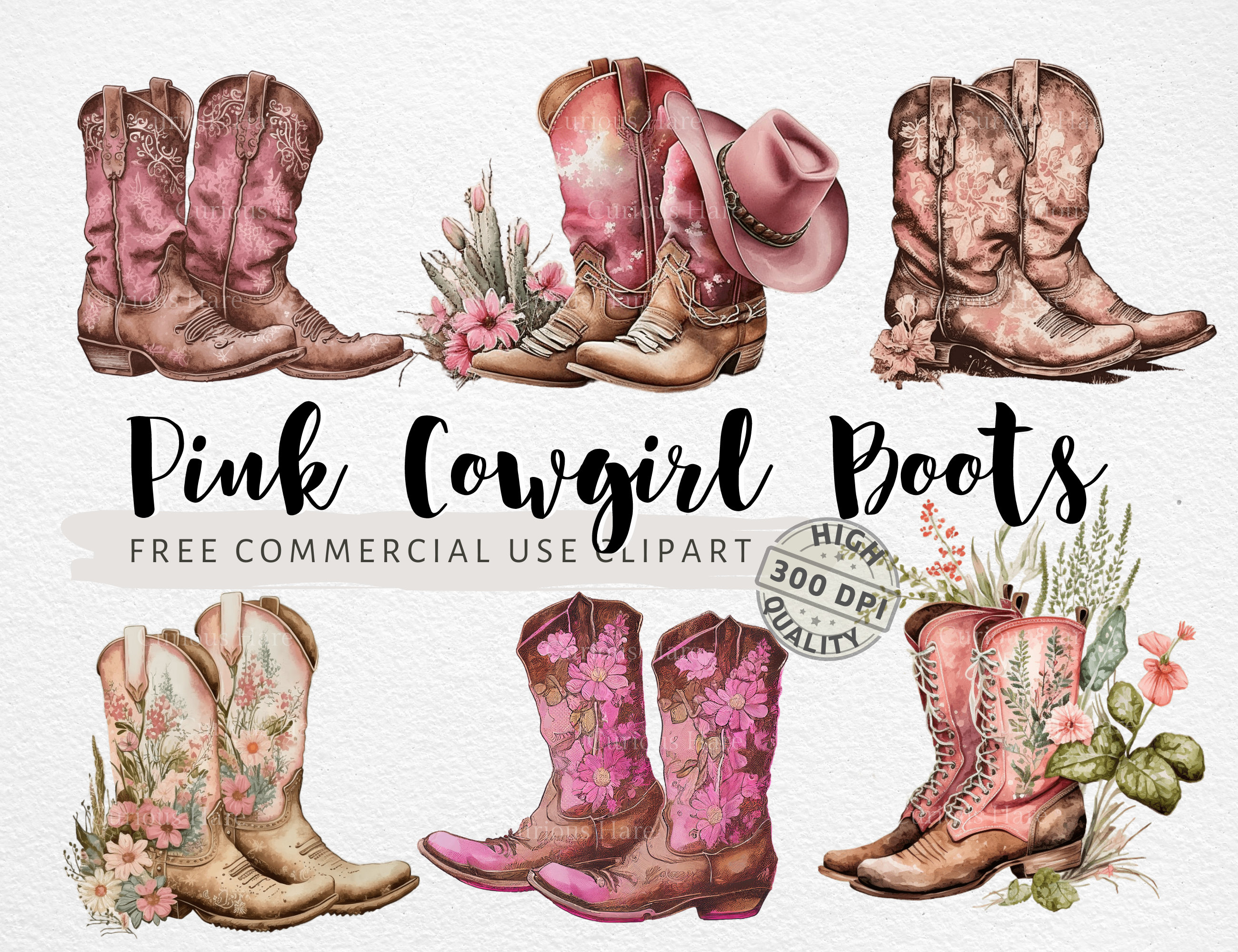 Pink Cowgirl Boots Clipart Vintage Bundle PNG Commercial Use Digital