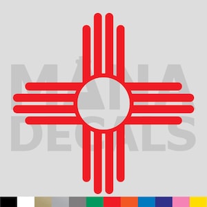 May include: Red Zia symbol, a traditional symbol of the Pueblo people of New Mexico, with a circle in the center.