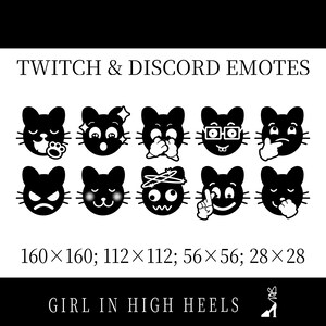Twitch and Discord Emotes Pack (10), Black and White Cute Cat, 5th pack