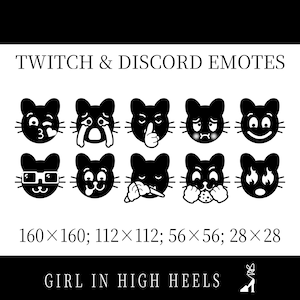 Twitch and Discord Emotes Pack (10), Black and White Cute Cat, 4th pack