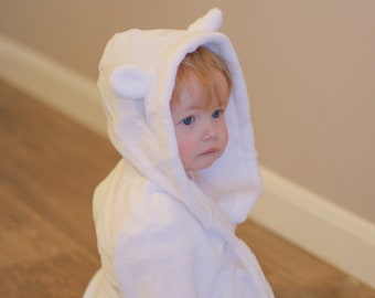 PERSONALISED White Hooded Baby Bear Robe Dressing Gown with Ears - Unisex