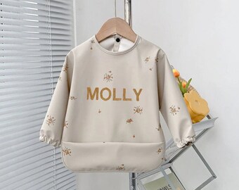 Girls PERSONALISED Long Sleeved Bib Over-all Children's Waterproof Coverall Cape Bib |For Food Weaning - Mess Free!