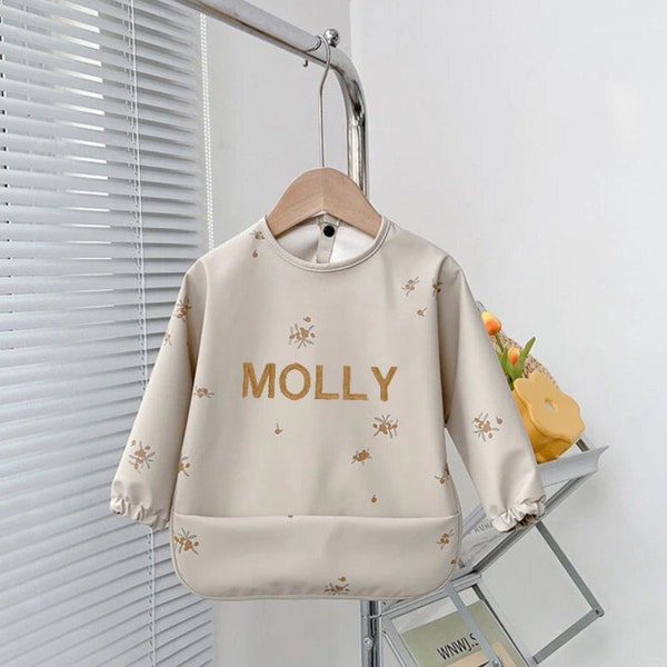 Girls PERSONALISED Long Sleeved Bib Over-all Children's Waterproof Coverall Cape Bib |For Food Weaning - Mess Free!