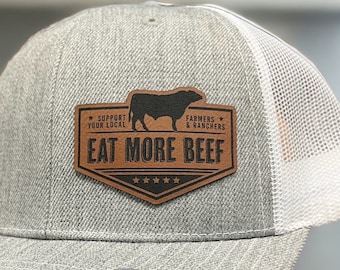 Cattle Rancher Hat- Eat more beef cow trucker leather patch snapback ball cap