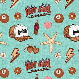 May include: A seamless pattern with a light blue backdrop, showcasing summer-themed illustrations. The design includes a baseball cap with the word "baddie", a bottle of Cherry Cola, a seashell, a starfish, and the text "Hot Girl Summer".