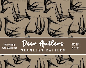 Deer Antler Seamless Pattern PNG, Hunting Digital Paper, Rustic Woodland Pattern, Camo Antler Design, 12x12 Sublimation Download