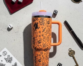 Tattoo Design 40 oz Tumbler with Handle & Straw - Personalized, Insulated Travel Mug, Great Gift for Tattoo Lovers