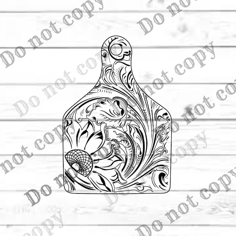 May include: Black and white line art design of a floral pattern on a cow tag shape.