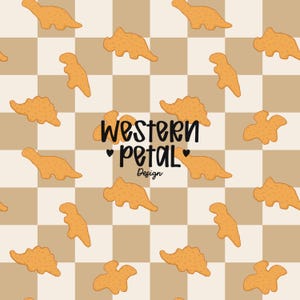 May include: A repeating pattern of orange dinosaur shapes on a tan and white checkered background. The text "Western Petal Design" is in the center of the image.