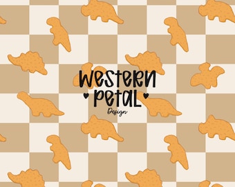 Dino Nugget Seamless Pattern PNG, Tan | Brown Checkerboard Dinosaur Chicken Nugget Food Digital Paper, Kids Snack Printable Background