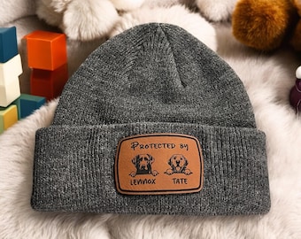 Pet Baby Hat Protected by dog names personalized name beanie for babies and toddlers 3-24 months leather patch hat vegan leatherette