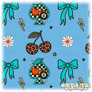 Naadloos patroon met retro luipaardprint en kersenmotief | Turquoise strik, schoppen (digitale download)