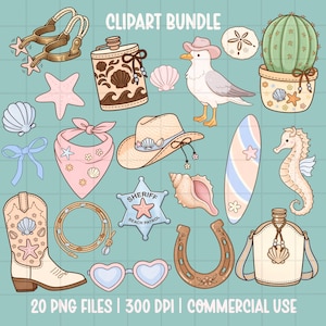 coastal cowgirl clipart bundle with seashells cowboy hat boots and beach western graphics