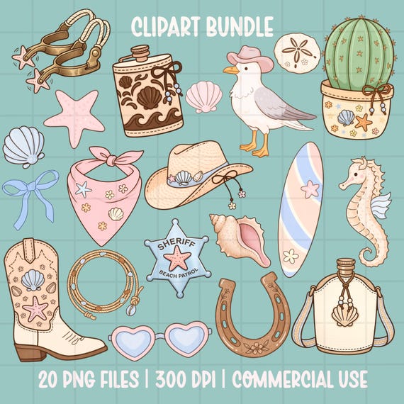 Coastal Cowgirl Clipart Bundle PNG | Western Beach Clipart, Seashell Cowgirl Graphics, Summer Western PNG, Surf Rodeo, Commercial Use