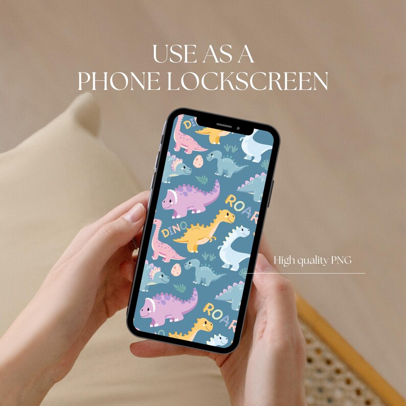 May include: A smartphone displaying a colorful dinosaur pattern, with text that reads "USE AS A PHONE LOCKSCREEN" and "High quality PNG". The design features various dinosaurs in pink, yellow, and blue on a teal background.