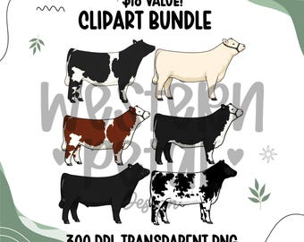 Visa Steer Clipart Bundle, Farm Animals PNG-grafik (300 DPI Transparent)