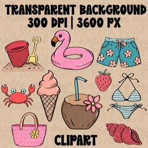 Puede incluir: Colección de ilustraciones de clipart con temática de verano. Incluye un flotador de piscina de flamenco rosa, pantalones cortos de playa, un cangrejo, un cono de helado, una bebida de coco, una fresa, un bikini, una bolsa de playa, una concha, un cubo de arena y una pala. También está presente el texto "TRANSPARENT BACKGROUND 300 DPI | 3600 PX" y "CLIPART".