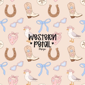 May include: A repeating pattern featuring cowboy boots, horseshoes, heart-shaped sunglasses, bows, bandanas, seagulls wearing cowboy hats, and sand dollars. The text "Western Petal Design" is also included in the design. The color palette includes shades of beige, pink, blue, and brown.