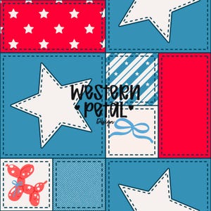 Puede incluir: Un diseño patriótico de patchwork con cuadrados rojos, blancos y azules. El diseño incluye estrellas blancas, rayas y un perro globo. También está presente el texto "western petal Design".