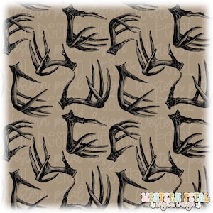 May include: A repeating pattern of black deer antlers on a solid tan background. The design features multiple orientations of the antlers arranged in a grid-like layout. The text Western Petal Digital Design appears in the bottom right corner.
