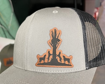 Bear Tree Leather Patch Trucker Hat | Hound Dog Hunters Cap | Outdoor Hat for Dog Lovers & Hunters