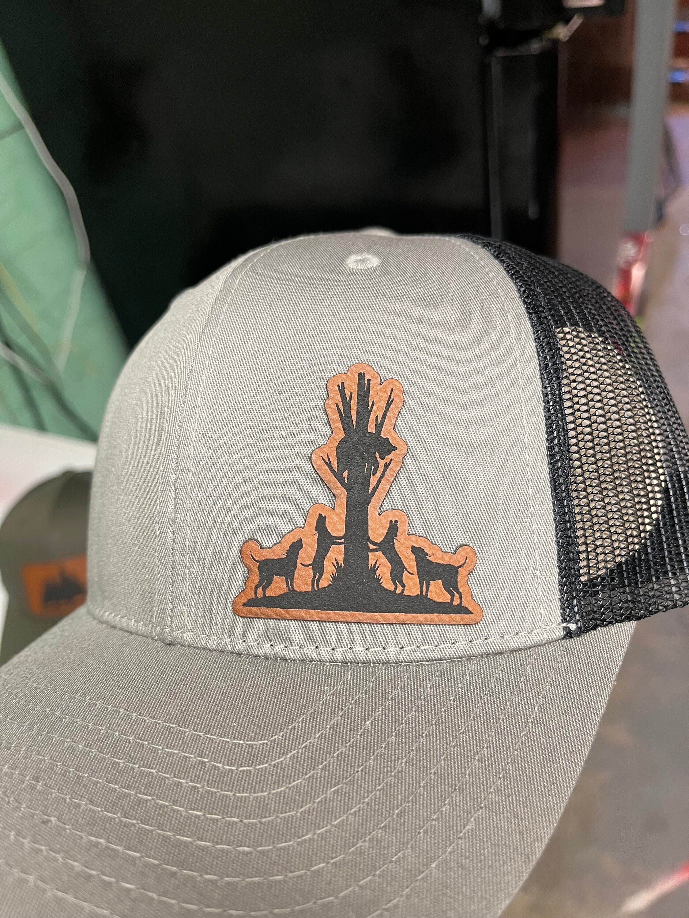 Redbone Coonhound Deer Hunting Dog Trucker Hat - Engraved Leather Patch, Mesh Back, Adjustable Snapback