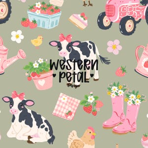 May include: A repeating pattern featuring farm-themed illustrations. The design includes a pink tractor, cows with pink bows, strawberries, flowers, watering cans, and rain boots. The text "western petal design" is also included.