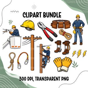 May include: A clipart bundle with illustrations of electrical work tools and workers. Includes a yellow hard hat, lineman's boots, a tool belt, pliers, and a utility pole. The text "CLPART BUNDLE" and "300 DPI, TRANSPARENT PNG" are also included.