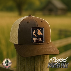 May include: Brown and beige trucker hat with a black and orange patch that says "Night Shift" and features a wild boar illustration.