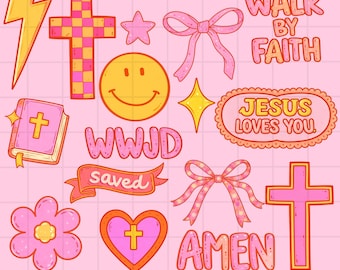 Retro Glaube Clipart Bundle PNG, christliches Kreuz Smiley WWJD Amen Jesus liebt dich, rosa orange trendige religiöse Grafik
