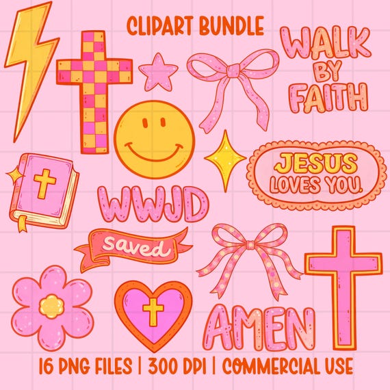 Retro Faith Clipart Bundle PNG, Christian Cross Smiley WWJD Amen Jesus Loves You, Pink Orange Trendy Religious Graphics