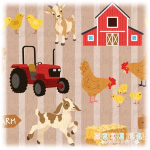 Pode incluir: Um padrão digital com um celeiro vermelho, um trator vermelho, cabras castanhas e brancas, pintainhos amarelos e galinhas castanhas num fundo às riscas bege. O design inclui uma placa de madeira com a palavra FARM e o texto Western Petal Digital Design.