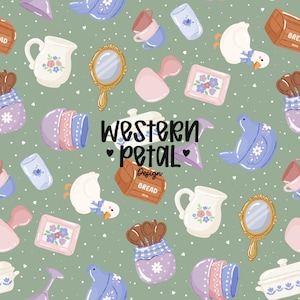 May include: A repeating pattern of whimsical illustrations on a green background. The design includes teacups, mirrors, pitchers, and a goose. The text "western petal design bread" is also included in the design.