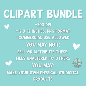 K&ouml;nnte beinhalten: T&uuml;rkisfarbener Hintergrund mit wei&szlig;em Text, der "CLIPART BUNDLE" lautet. Der Text enth&auml;lt Details wie "-300 DPI", "-12 X 12 ZOLL, PNG-FORMAT" und "-KOMMERZIELLE NUTZUNG ERLAUBT". Das Bild gibt auch an, was Sie mit der Clipart tun d&uuml;rfen und was nicht.