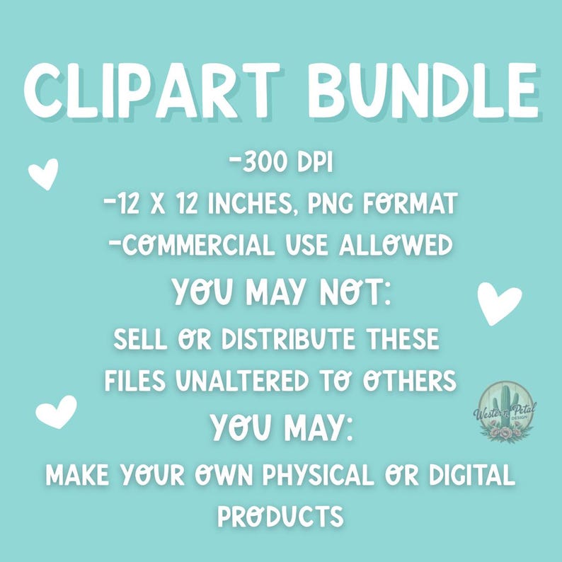 K&ouml;nnte beinhalten: T&uuml;rkisfarbener Hintergrund mit wei&szlig;em Text, der "CLIPART BUNDLE" lautet. Der Text enth&auml;lt Details wie "-300 DPI", "-12 X 12 ZOLL, PNG-FORMAT" und "-KOMMERZIELLE NUTZUNG ERLAUBT". Das Bild gibt auch an, was Sie mit der Clipart tun d&uuml;rfen und was nicht.
