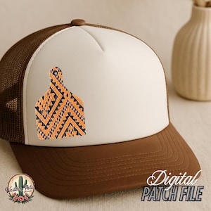 May include: A brown and white trucker hat with a brown brim and a white mesh back. The hat has a brown and orange geometric pattern on the front. The text "Digital Patch File" is printed on the brim of the hat.