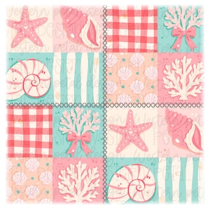 Coastal Patchwork Seamless Pattern PNG | Pink Beach Digital Paper | Preppy Summer Seashell Coral Starfish Gingham Bow Design | 12x12 300 DPI