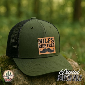 Chapéu de couro Milfs Ride Free Patch SVG - Humor adulto, design engraçado de gravação a laser, download digital, acesso instantâneo à arte ocidental com bigode
