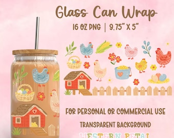 Chicken Coop Glass Can Wrap PNG, Farmhouse Hen and Chicks 16oz Libbey Cup Wrap, Chicken Lover Digital Download