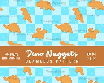 Dino Nugget Seamless Pattern PNG, Chicken Nugget Dinosaur Digital Paper, Blue Checker Pattern, Cute Food Seamless Design, 12x12 Sublimation