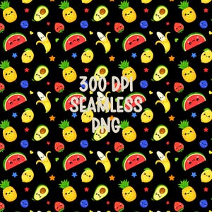 May include: Seamless pattern featuring smiling cartoon fruits including watermelon, bananas, lemons, pineapples, avocados, strawberries, and blueberries on a black background. The image also includes the text "300 DPI SEAMLESS PNG".