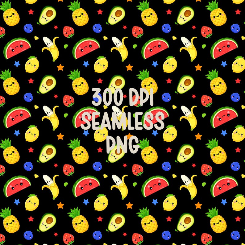 May include: Seamless pattern featuring smiling cartoon fruits including watermelon, bananas, lemons, pineapples, avocados, strawberries, and blueberries on a black background. The image also includes the text "300 DPI SEAMLESS PNG".