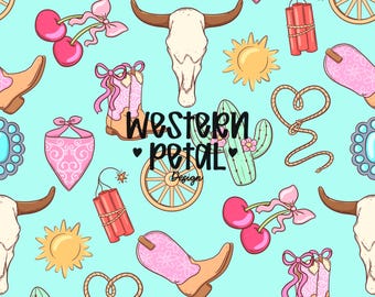 Cowgirl Icon Seamless Pattern | Pink Turquoise Western Digital Paper (PNG)