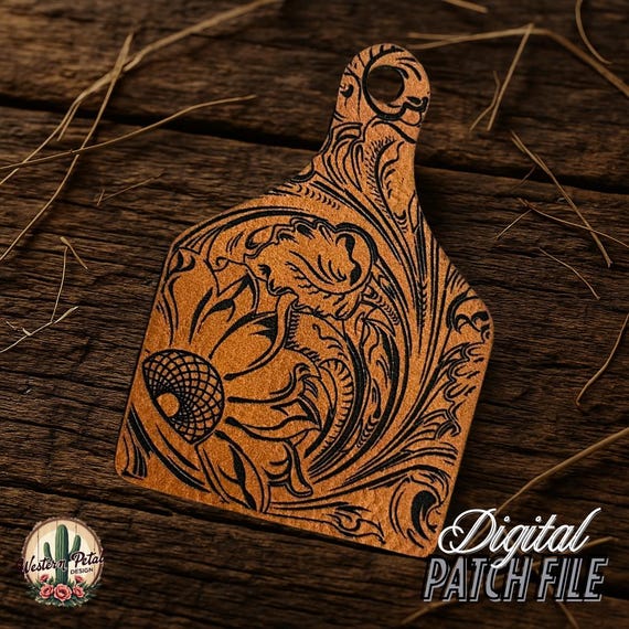 Leather Tooled Cow Tag Digital File – Laser Engraving, Patch Hat Design (SVG, PDF, Ai)
