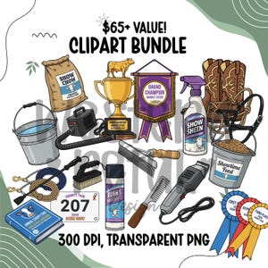 Può includere: Un pacchetto di clipart con vari oggetti per fattorie e mostre di bestiame. Include un trofeo, nastri, mangime, strumenti per la toelettatura, stivali e un cartello. Il testo include "Show Chow", "Show Sheen" e "Ruth's Hair Style".